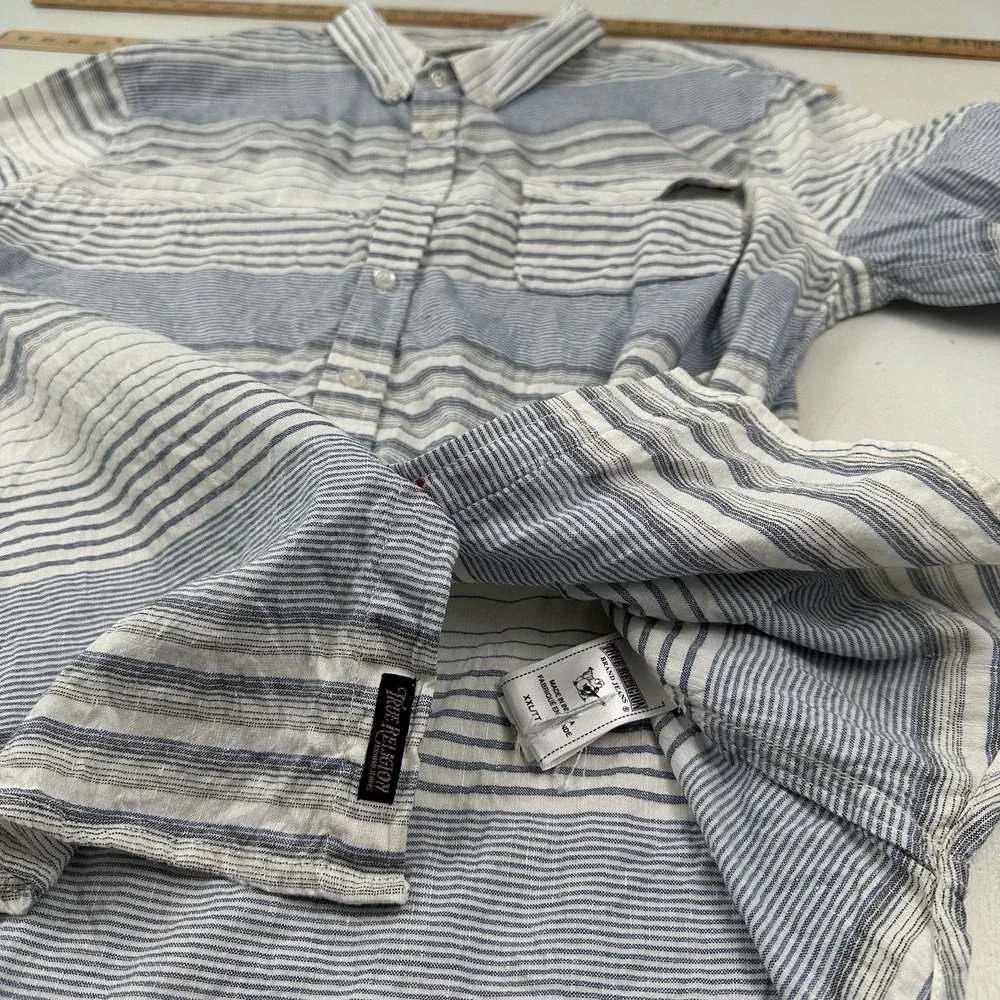 True Religion Men's Linen‎ Cotton Shirt XXL White Blue Striped 2XL Long Sleeve